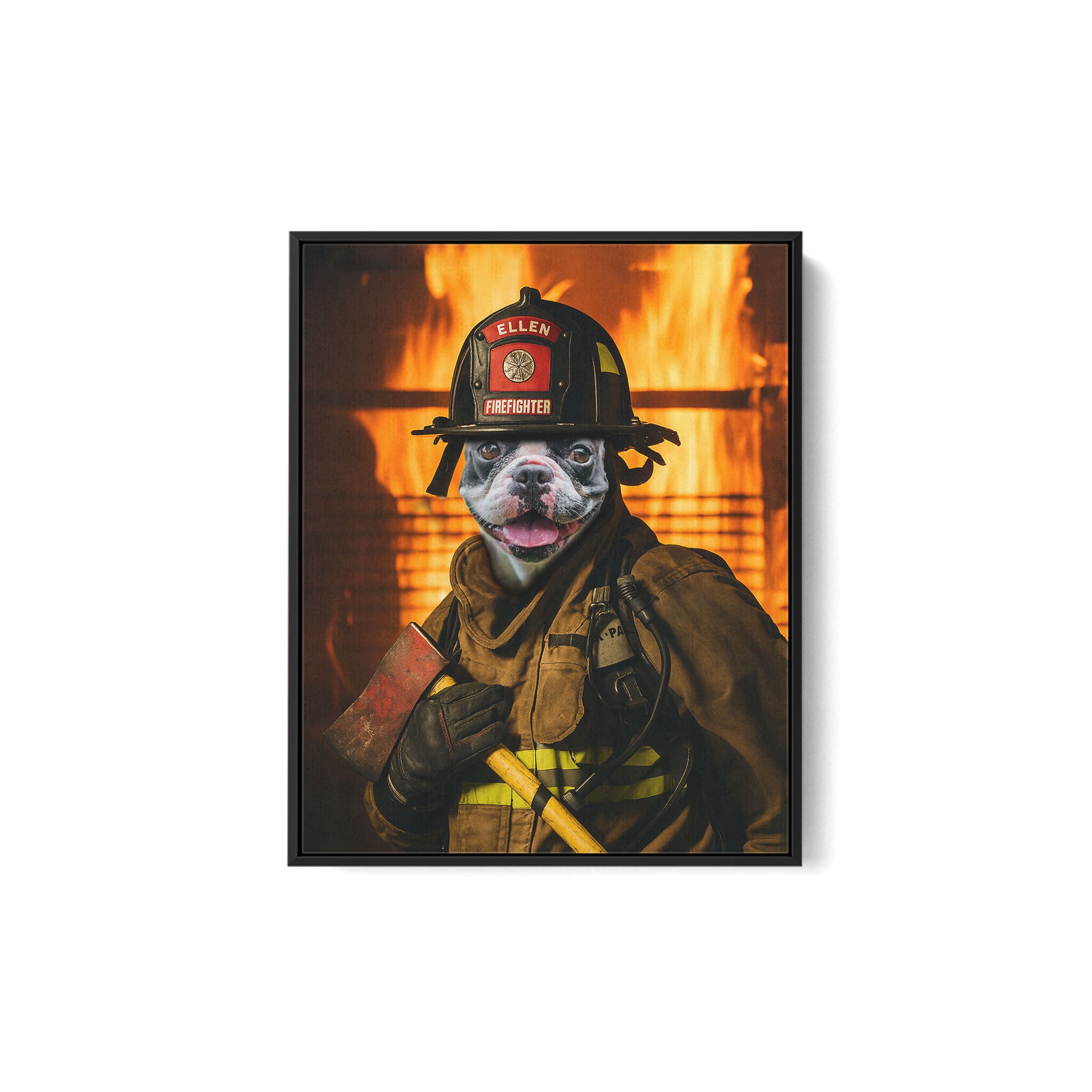 Toile personnalisée avec photo d'animal de compagnie sur le thème des pompiers - Fond de feu style action