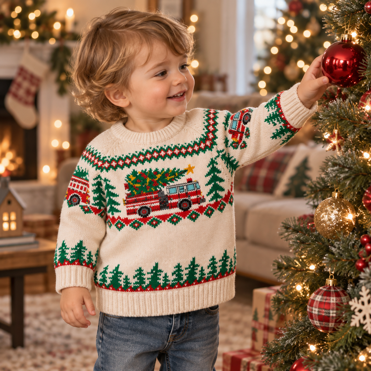 Baby Fire Truck Christmas Sweater – Fair Isle Knit Pullover for Boys & Girls