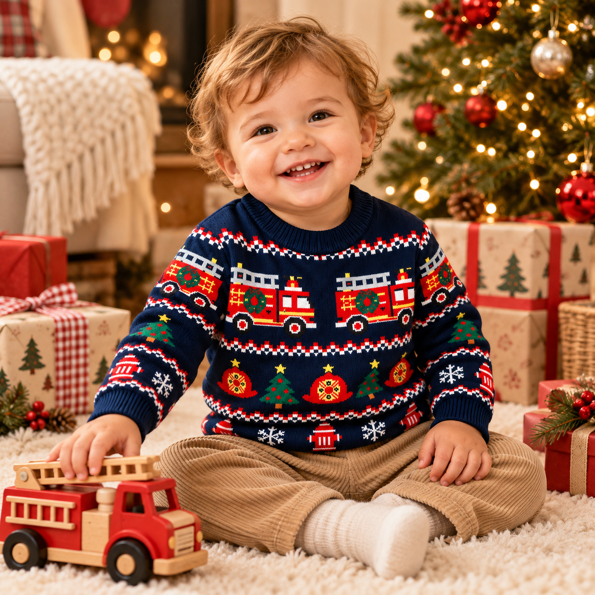 Kids Fire Truck Christmas Sweater – Firefighter Fair Isle Knit Pullover for Boys & Girls