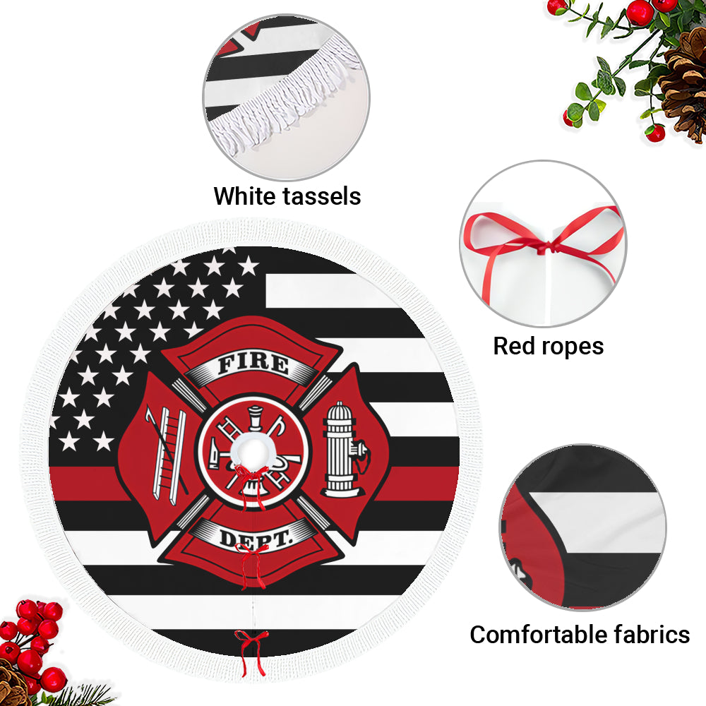 Firefighter Thin Red Line Christmas Tree Skirt – Premium with Tassel Fringe