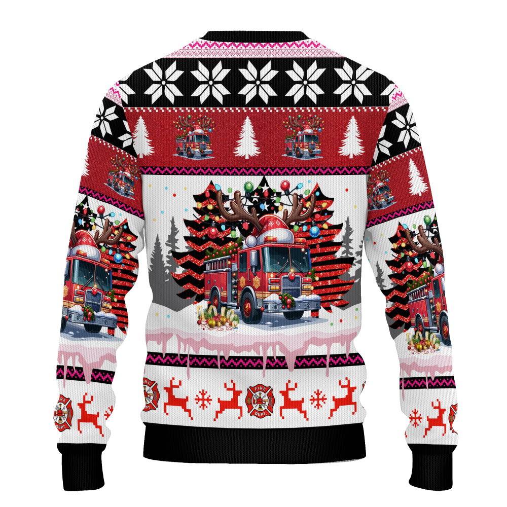 Fire Truck Christmas Wool Ugly Sweater - Firefighter Holiday Knit Crewneck with Reindeer and Tree Pattern