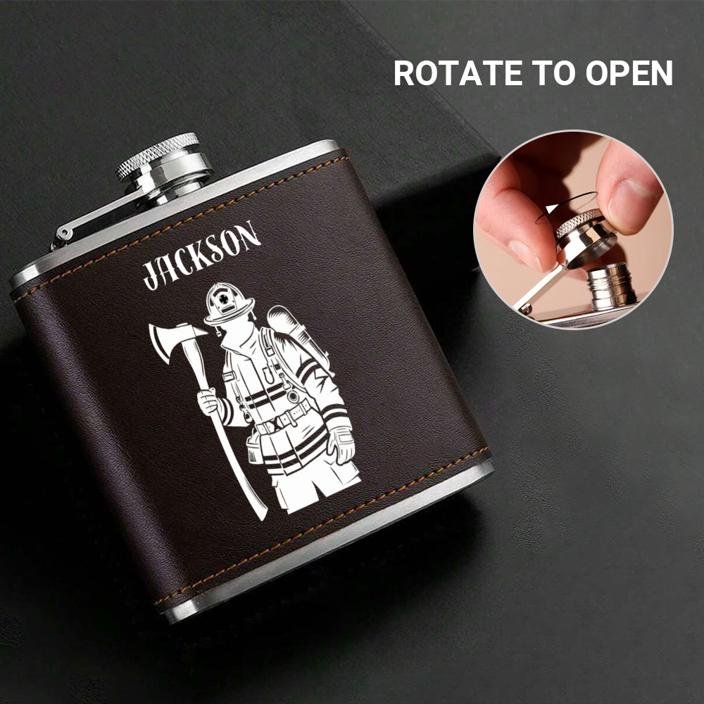 Personalized Firefighter Flask - Custom Name Leather Hip Flask 6oz