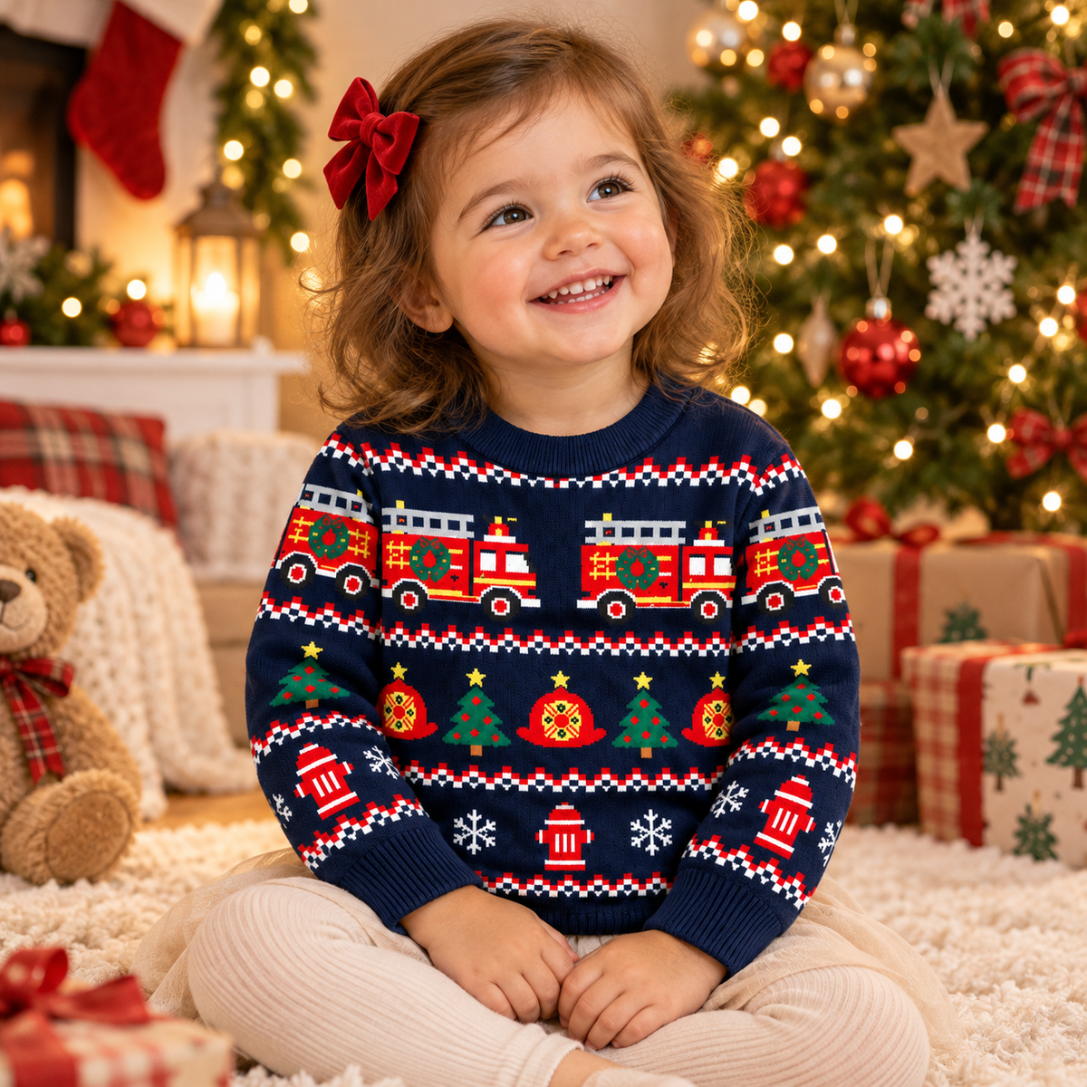 Kids Fire Truck Christmas Sweater – Firefighter Fair Isle Knit Pullover for Boys & Girls
