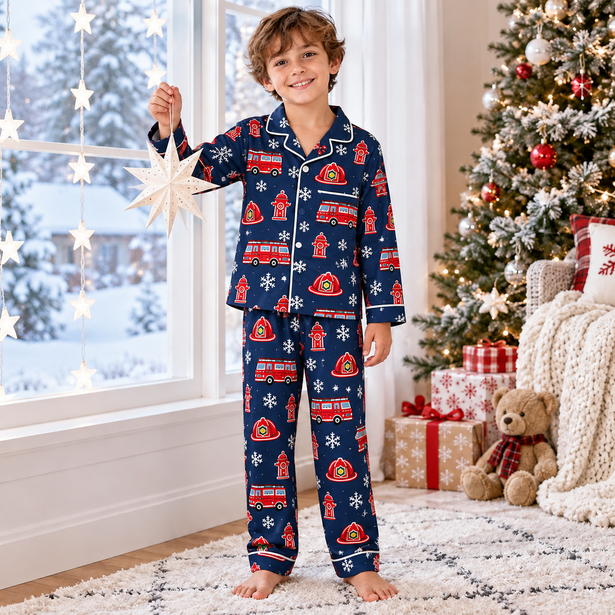 Christmas Kids Satin Pajama Set – Festive All-Over Print Long Sleeve PJs