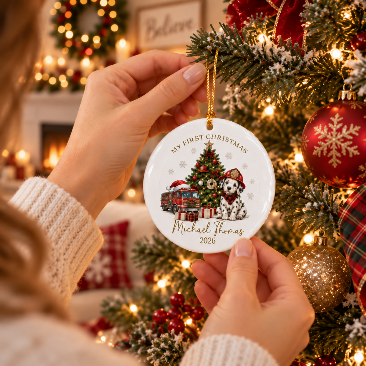 Personalized Baby First Christmas Ornament | Custom Name Firefighter Keepsake 2026