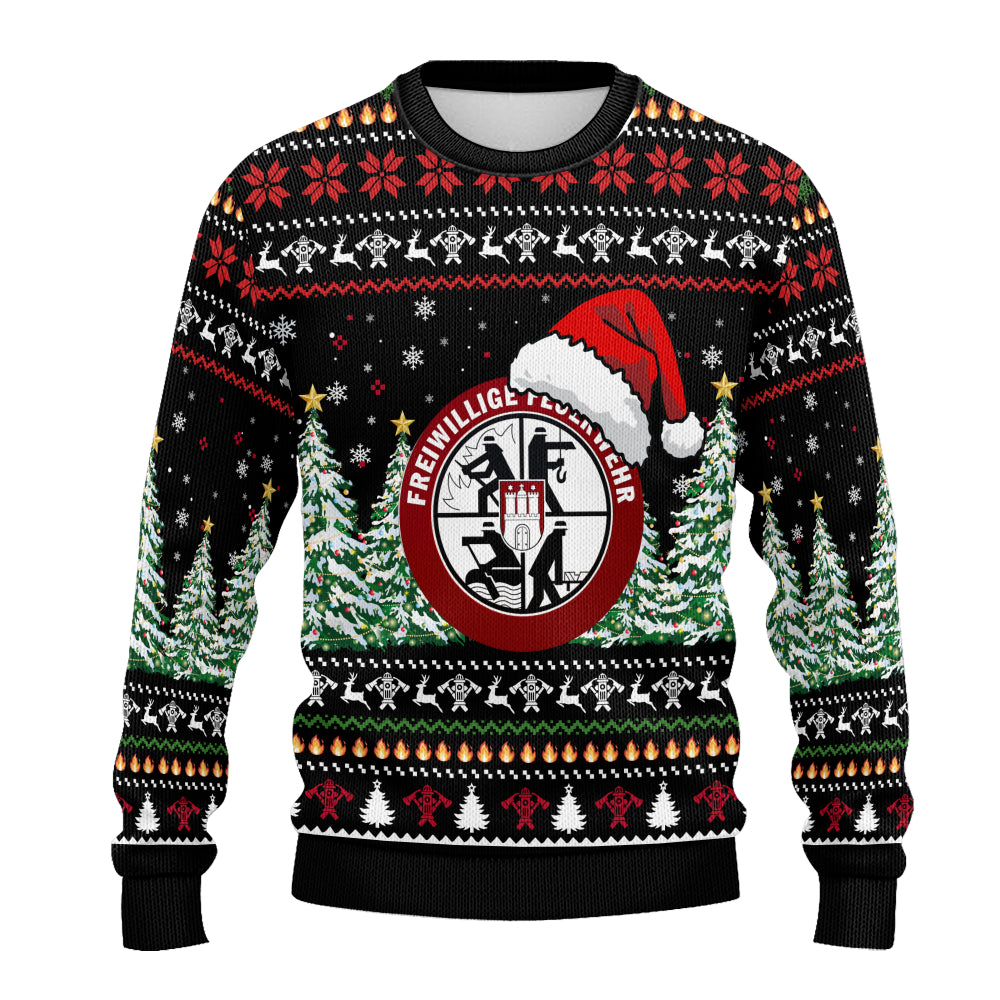 Freiwillige Feuerwehr Weihnachtspullover - Rot Ugly Christmas Sweater mit Weihnachtsmann Mütze