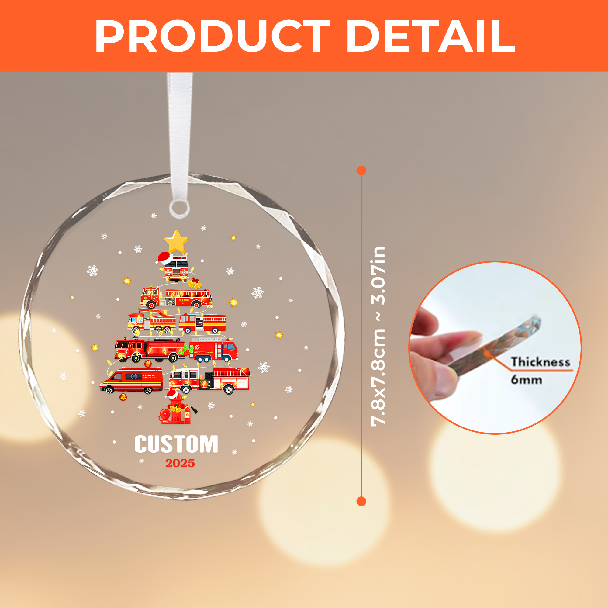 Fire Truck Crystal Circle Ornament –  Custom Name