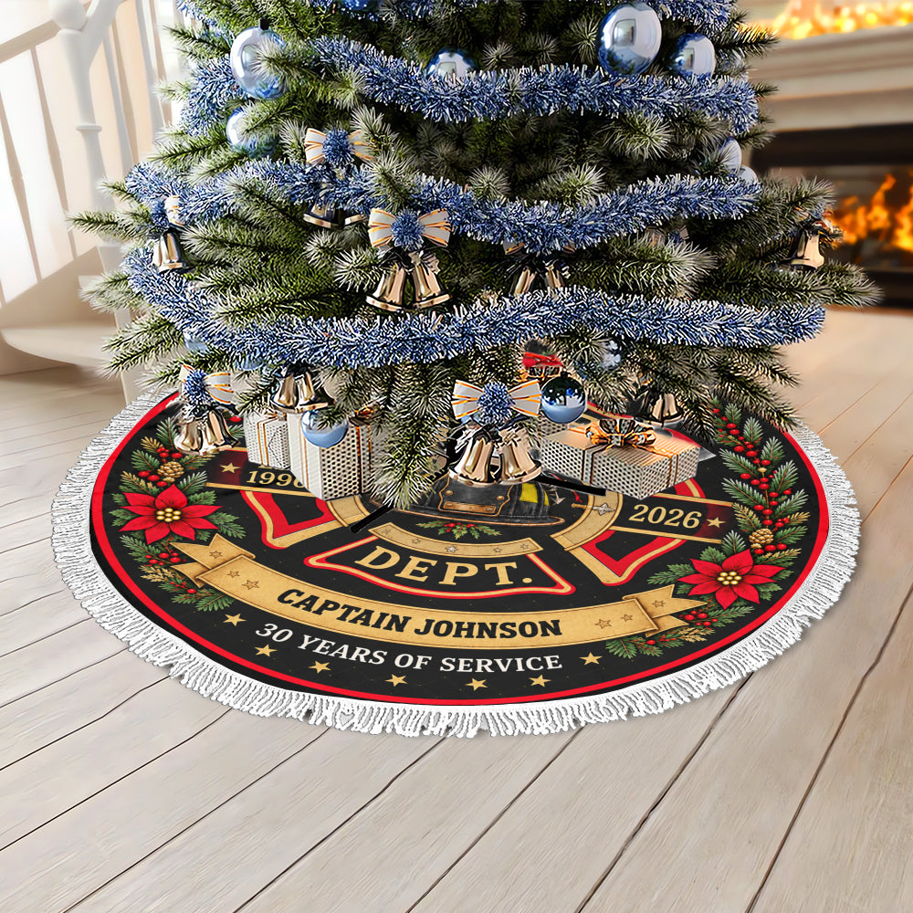 Fire Department Maltese Cross Christmas Tree Skirt - Custom Name Rank and Years of Service Holiday Decor