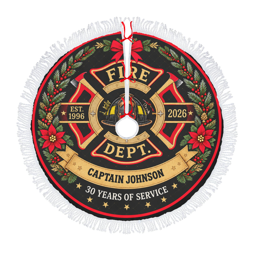 Fire Department Maltese Cross Christmas Tree Skirt - Custom Name Rank and Years of Service Holiday Decor