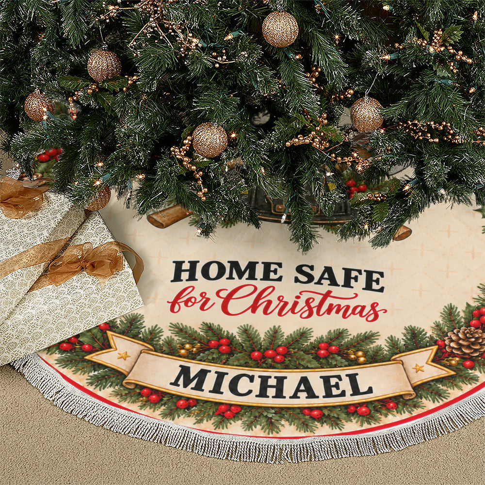 Firefighter Home Safe for Christmas Tree Skirt - Custom Name Personalized Holiday Decor