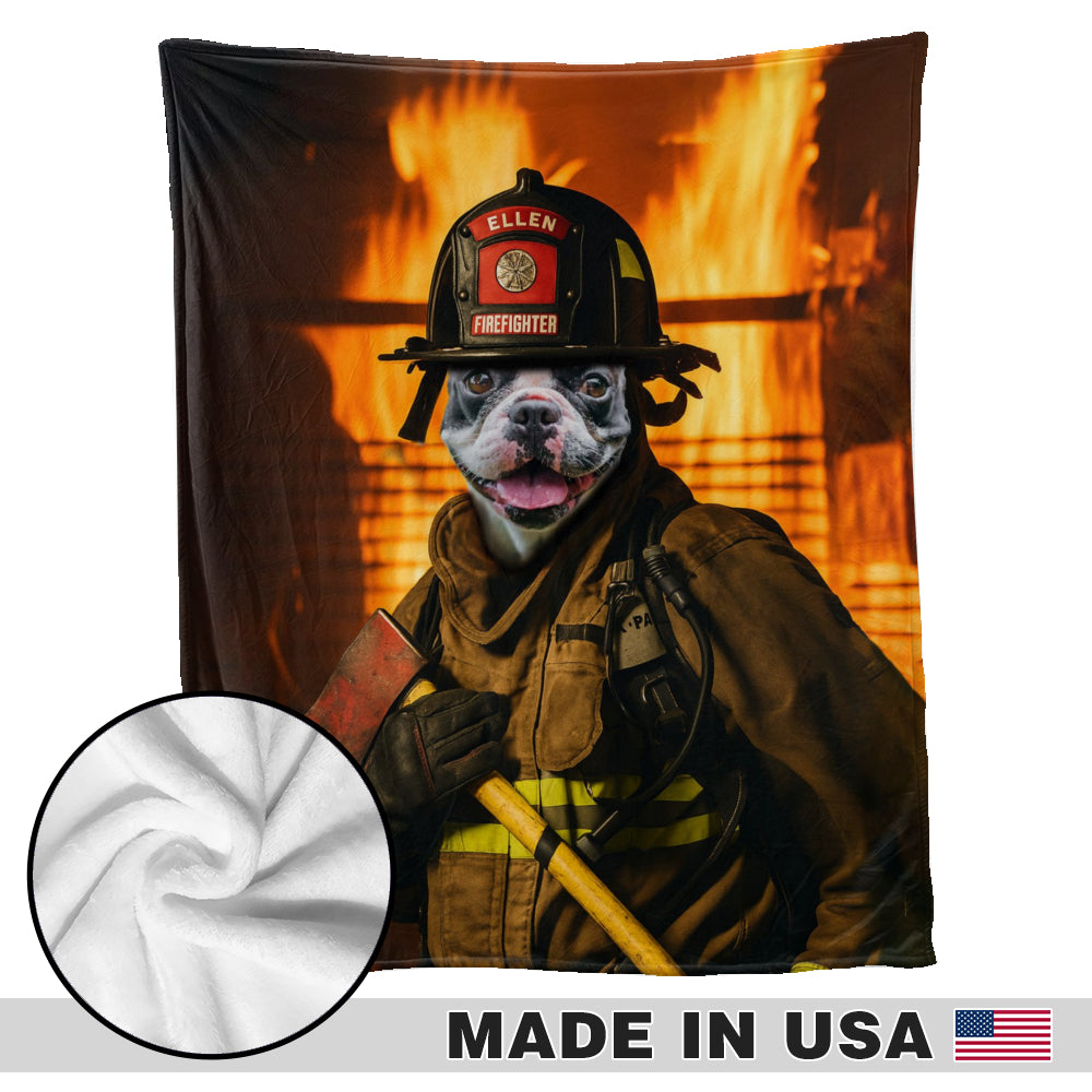 Custom Pet Photo Firefighter Blanket - Fire Background Action Style
