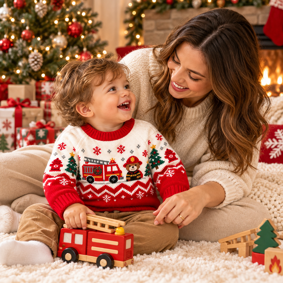 Baby Firefighter Bear Christmas Sweater – Firefighter Fair Isle Knit Pullover for Boys & Girls