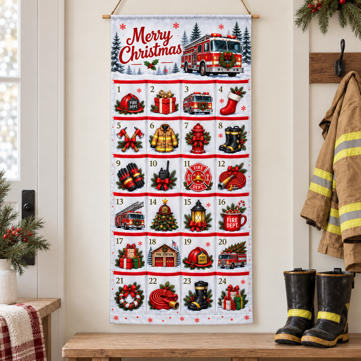 Firefighter Advent Calendar Grid Layout - 24 Pocket Christmas Countdown Hanging Organizer