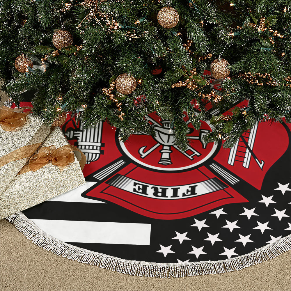 Firefighter Thin Red Line Christmas Tree Skirt – Premium with Tassel Fringe