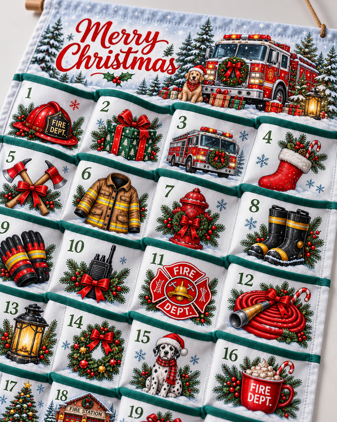 Firefighter Advent Calendar Grid Layout - 24 Pocket Christmas Countdown Hanging Organizer