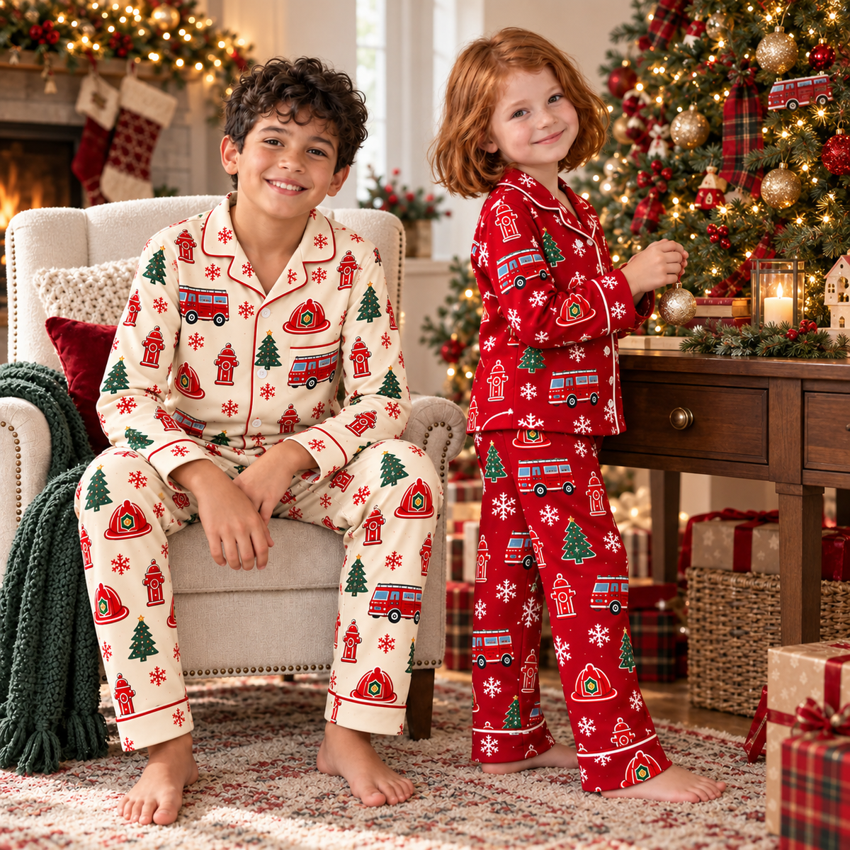 Christmas Kids Satin Pajama Set – Festive All-Over Print Long Sleeve PJs