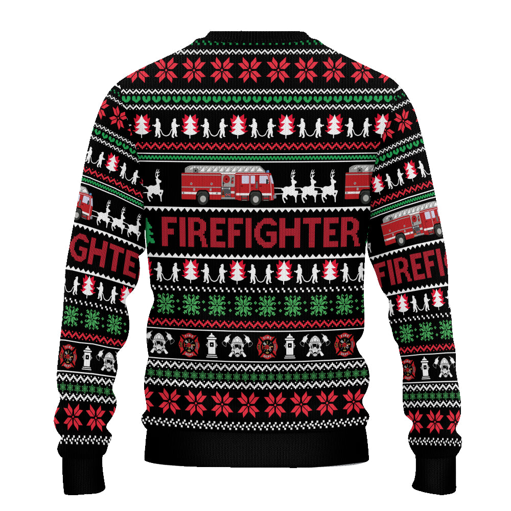 Firefighter Ugly Christmas Sweater - Fire Truck and Deer