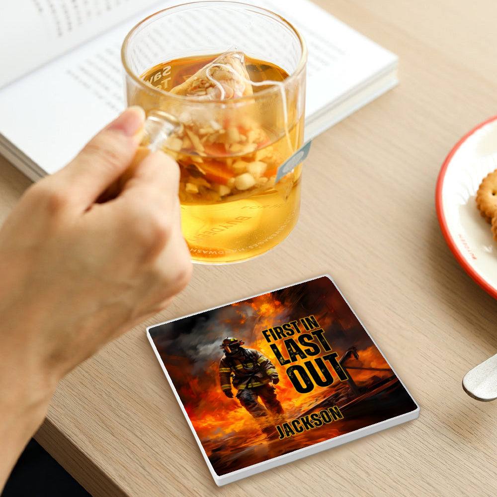 Personalized Firefighter Ceramic Coaster - Custom First In Last Out Name - Firerescuetm LLC