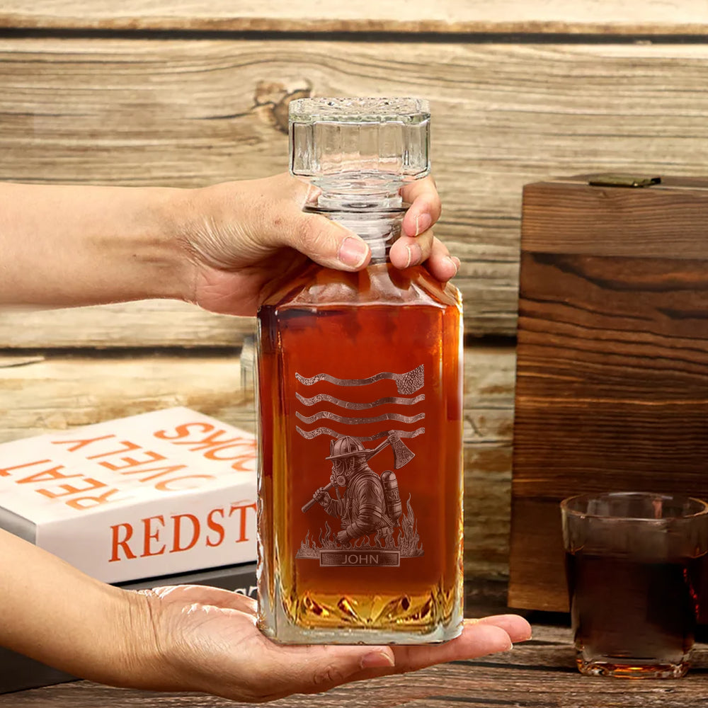Personalized Firefighter Whiskey Decanter 26oz - Custom Name Engraved Crystal Bottle 2-Side Print