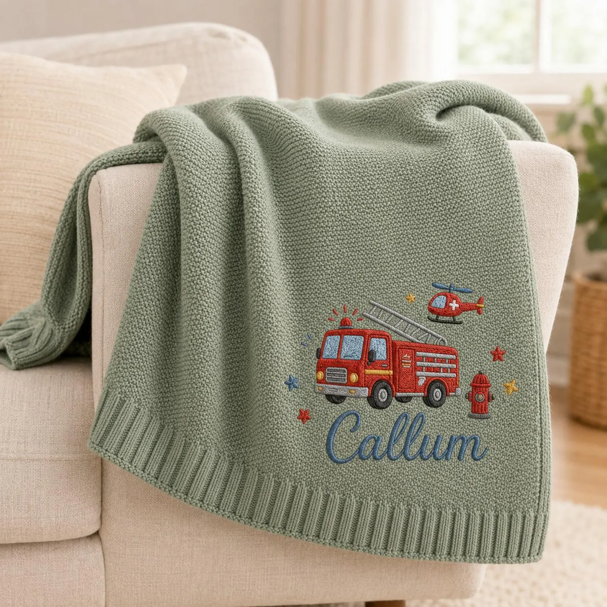 Personalized Fire Truck Baby Blanket | Custom Embroidered Name Knit Keepsake