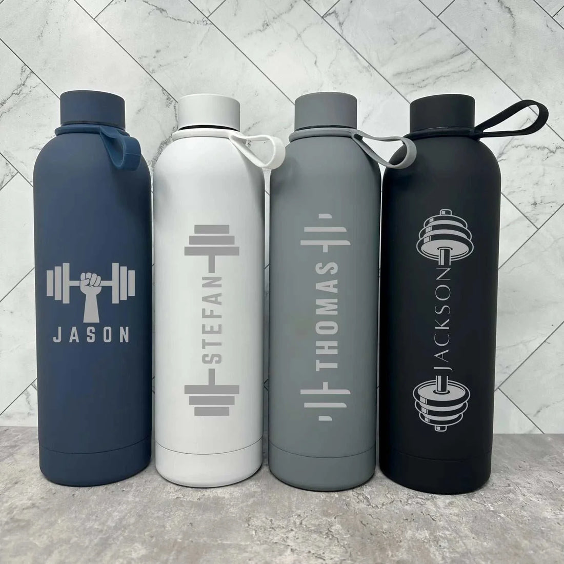 Custom firefighter couple gym water bottle tumbler with personalized name and stainless steel design