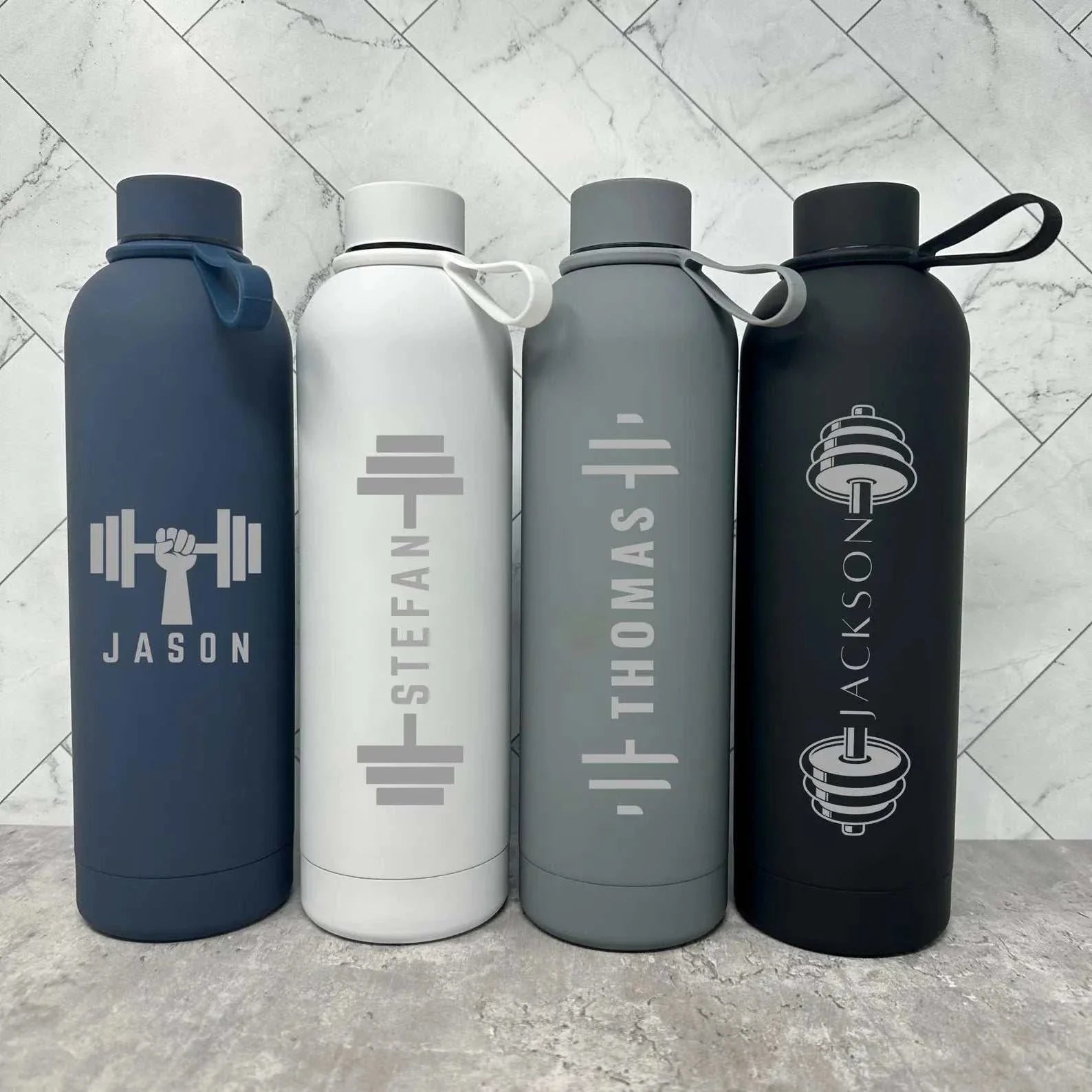 Custom firefighter couple gym water bottle tumbler with personalized name and stainless steel design