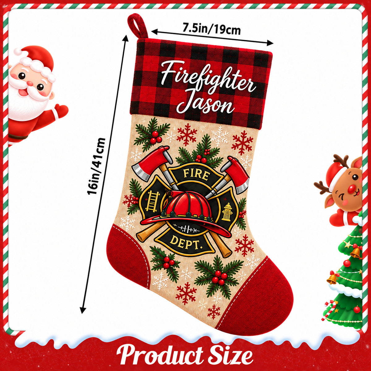 Personalized Firefighter Christmas Stocking – Custom Name | Fire Department Buffalo Plaid Holiday Stocking for Fireman Family