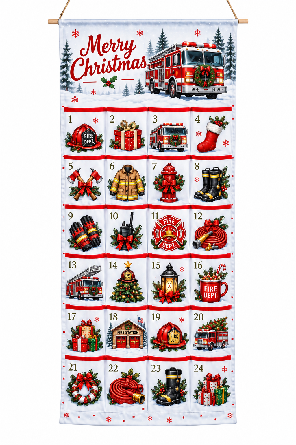 Firefighter Advent Calendar Grid Layout - 24 Pocket Christmas Countdown Hanging Organizer