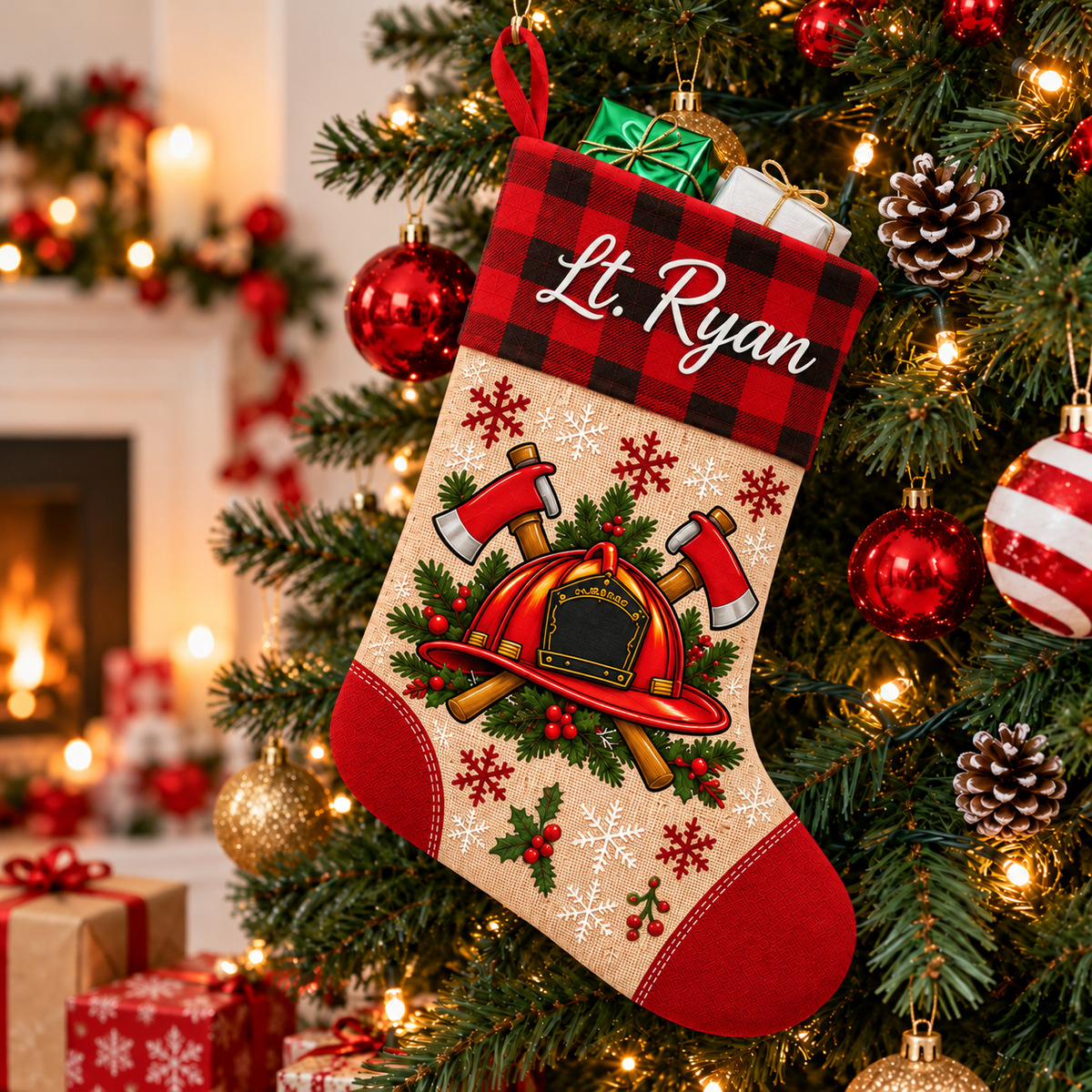 Personalized Firefighter Christmas Stocking – Custom Name | Fire Department Buffalo Plaid Holiday Stocking for Fireman Family