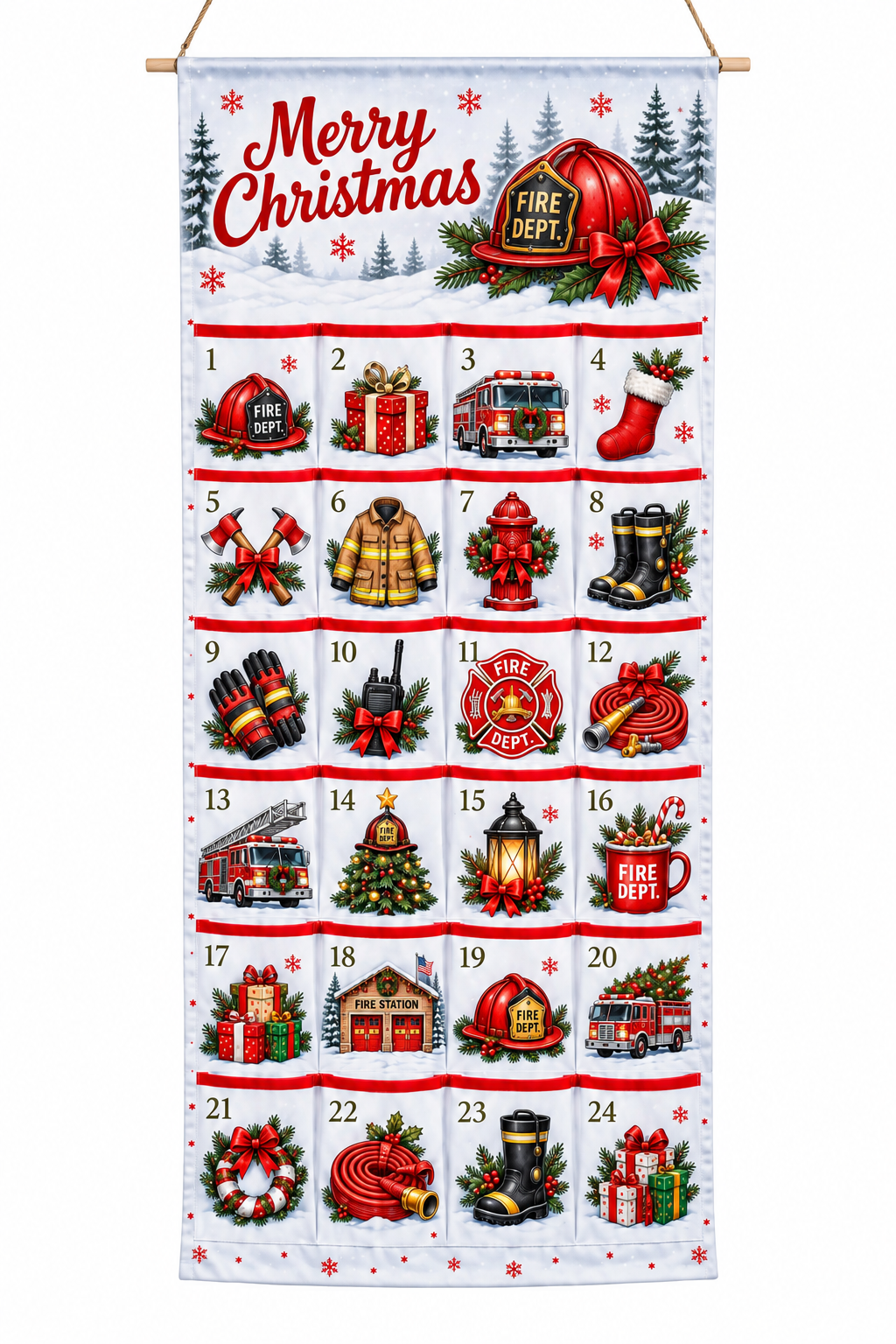 Firefighter Advent Calendar Grid Layout - 24 Pocket Christmas Countdown Hanging Organizer