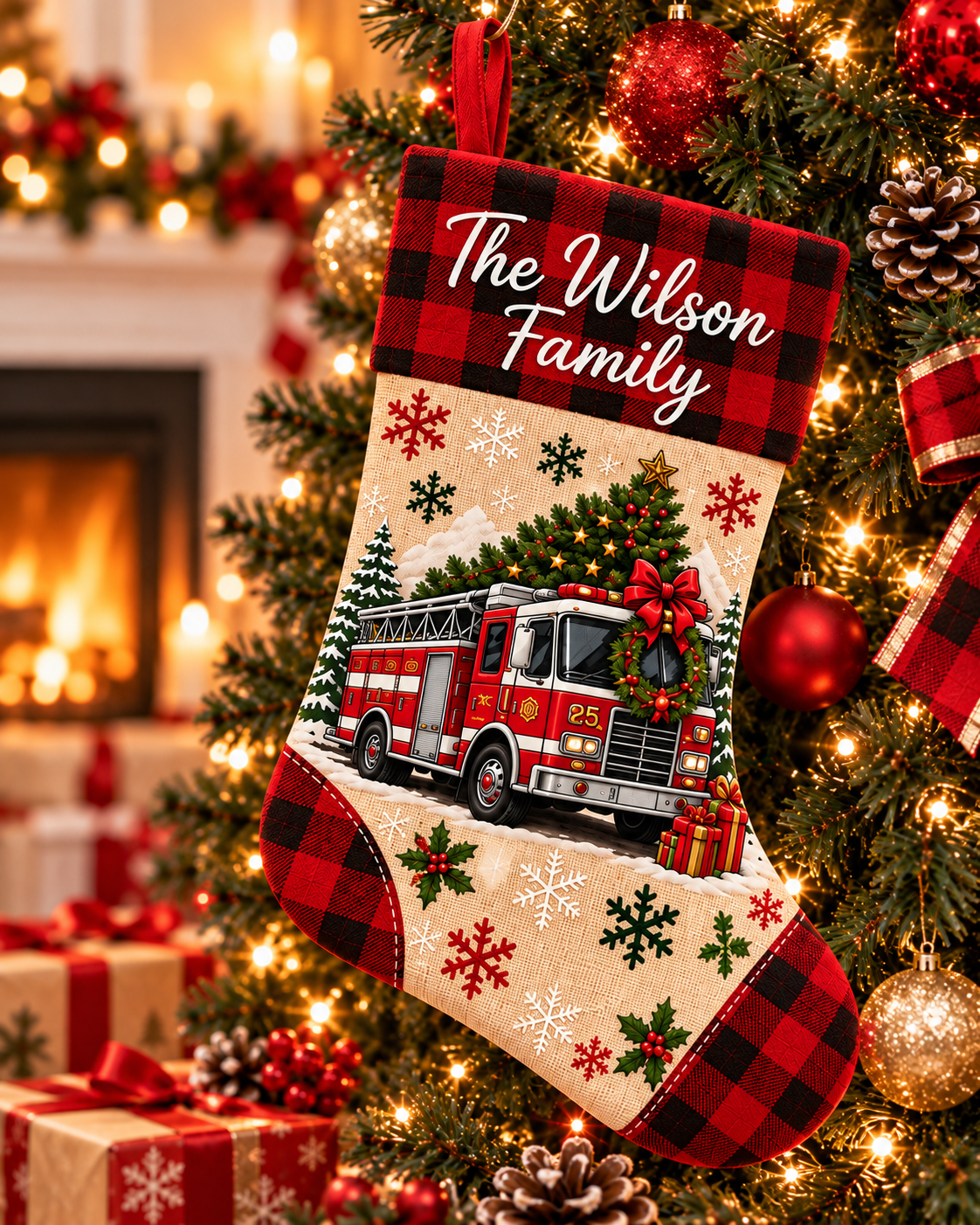 Personalized Firefighter Christmas Stocking – Custom Name | Fire Department Buffalo Plaid Holiday Stocking for Fireman Family