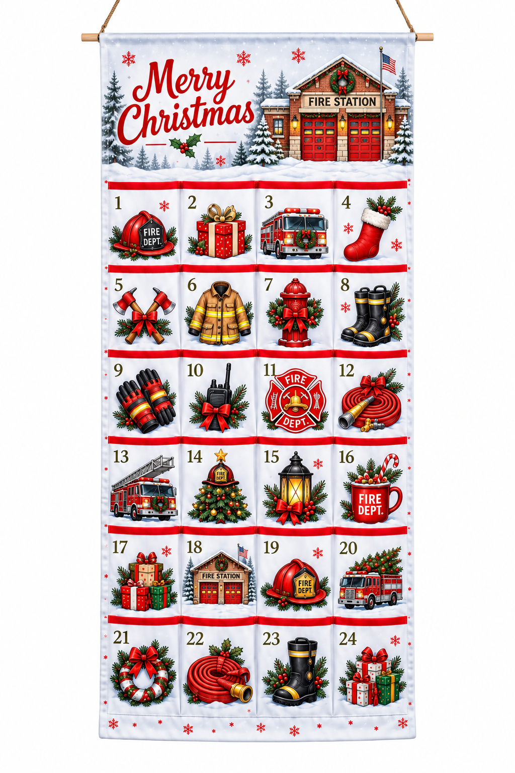 Firefighter Advent Calendar Grid Layout - 24 Pocket Christmas Countdown Hanging Organizer