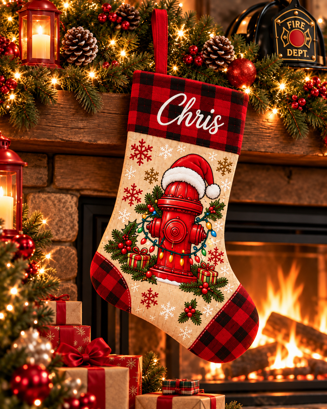 Personalized Firefighter Christmas Stocking – Custom Name | Fire Department Buffalo Plaid Holiday Stocking for Fireman Family