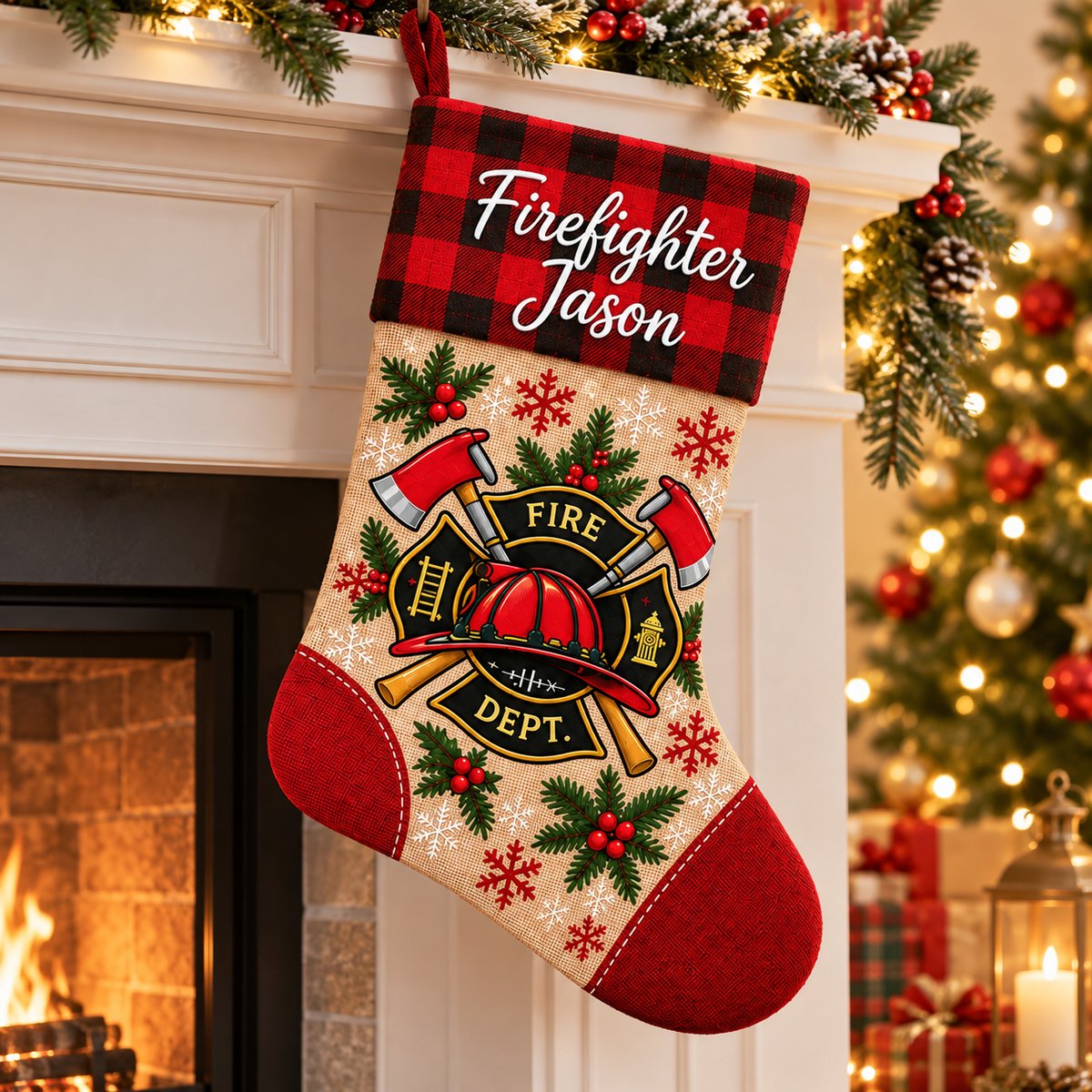 Personalized Firefighter Christmas Stocking – Custom Name | Fire Department Buffalo Plaid Holiday Stocking for Fireman Family