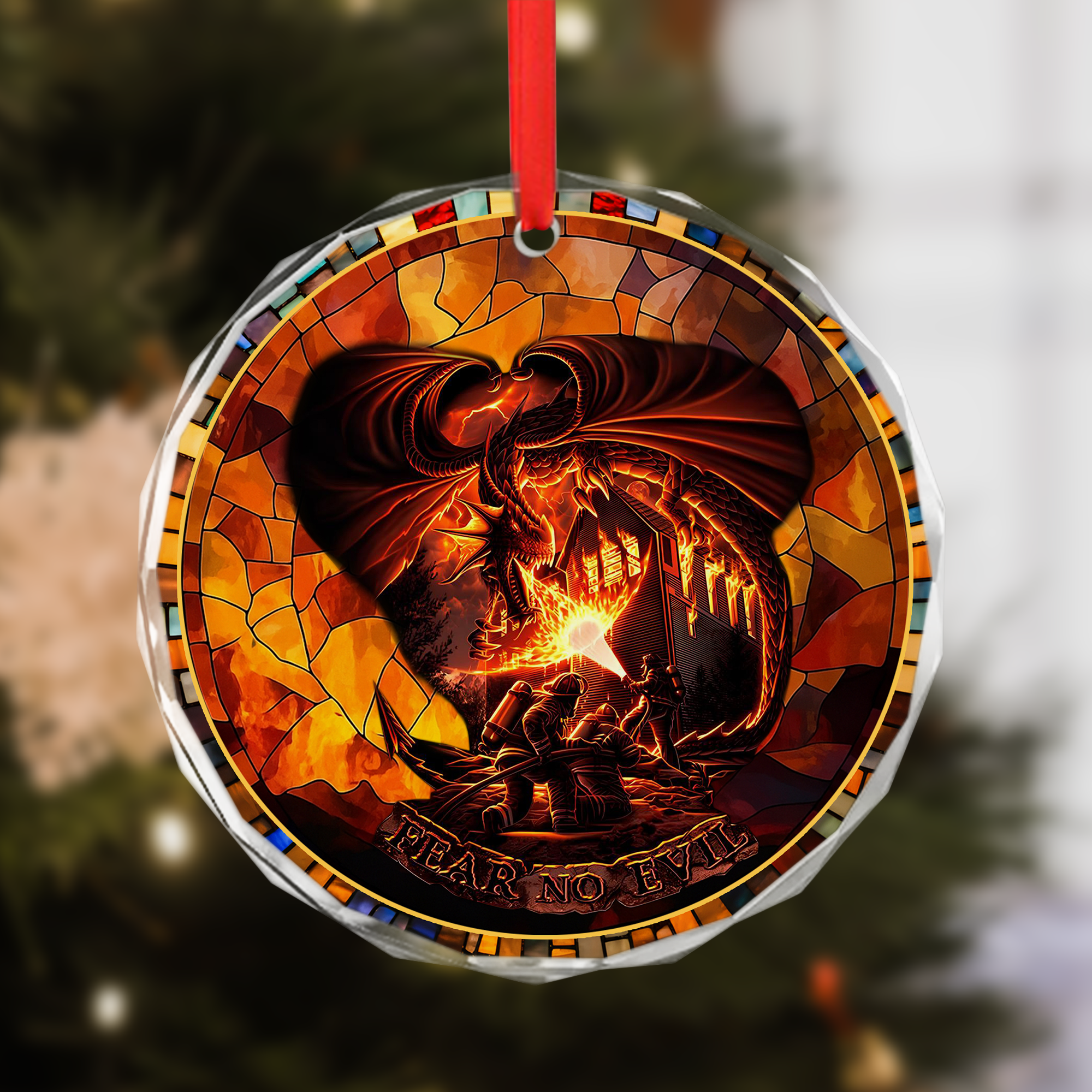 Firefighter Dragon Christmas Ornament - Fear No Evil Crystal Prism Glass Circle