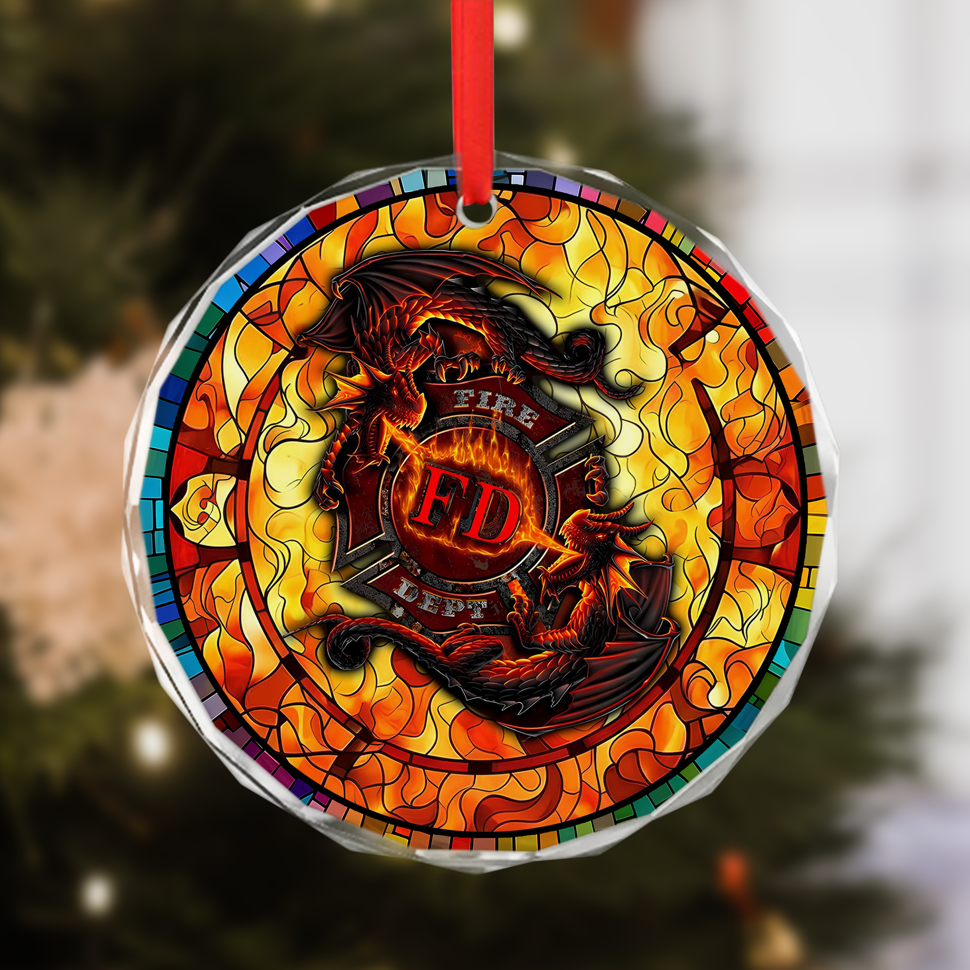 Ornement de Noël Dragon des pompiers - Croix de Malte des pompiers, prisme en cristal, Noël