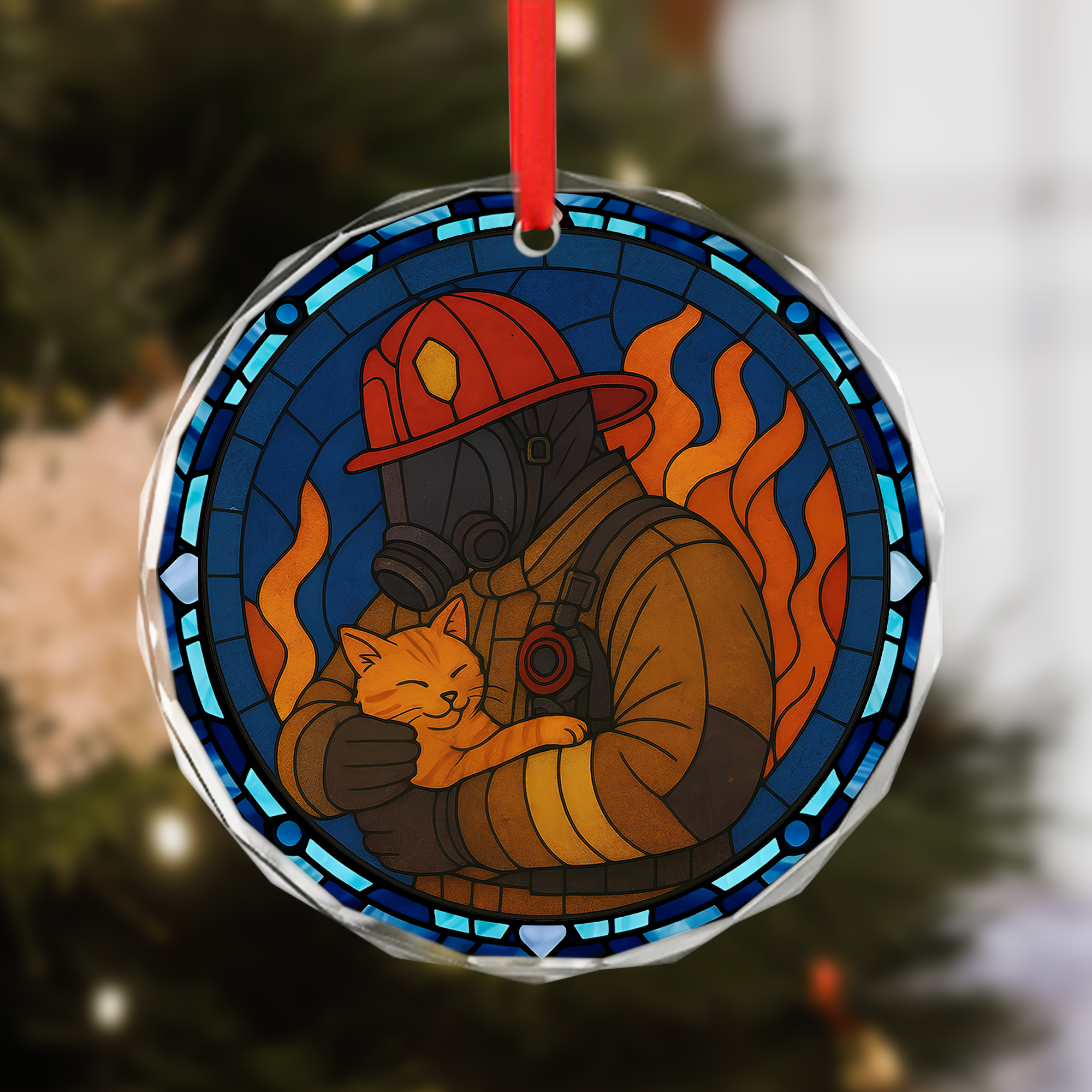 Ornement de sauvetage de chat pompier - Décoration en verre cristal vitrail