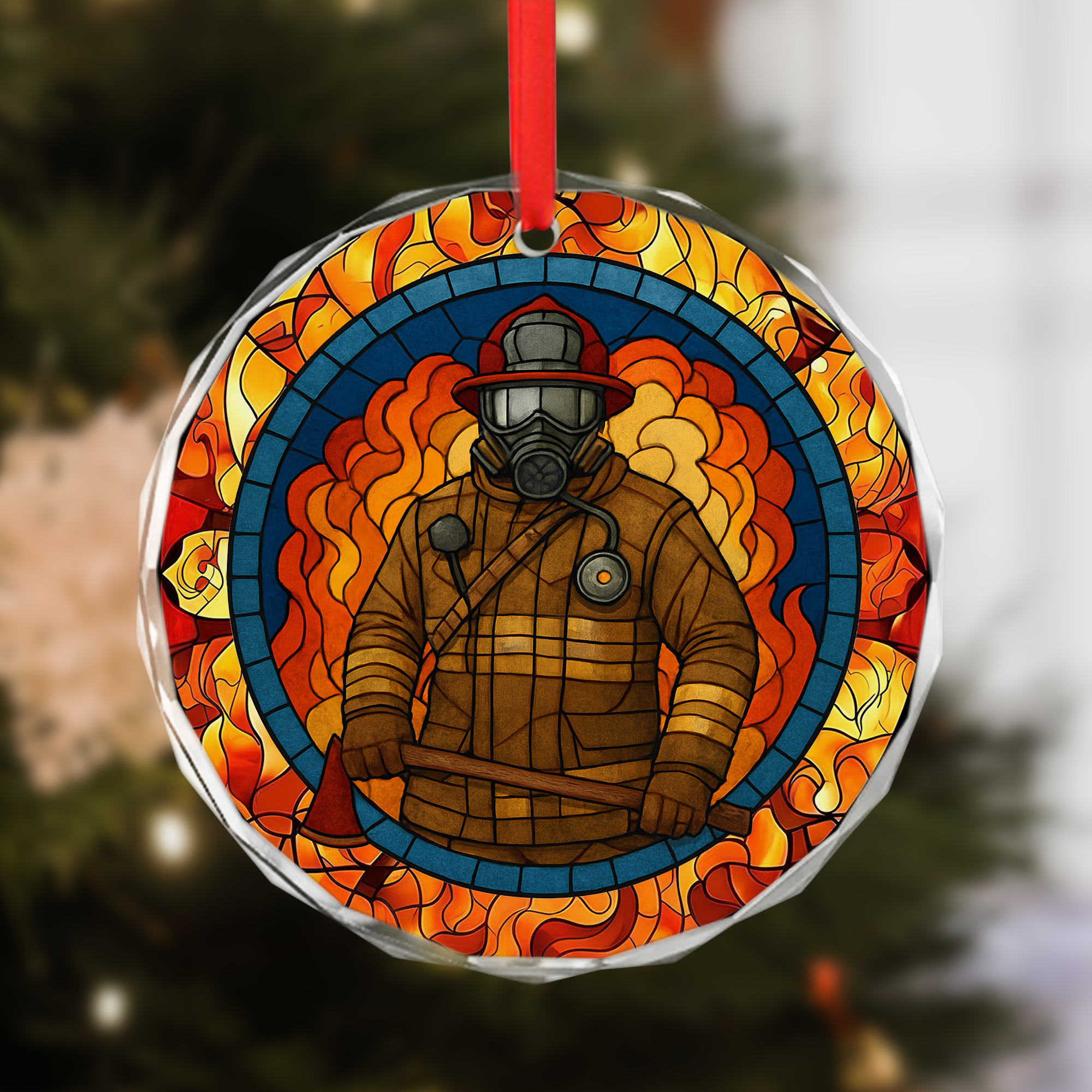 Firefighter Through the Flames Ornament - Crystal Glass Stained Glass Decor