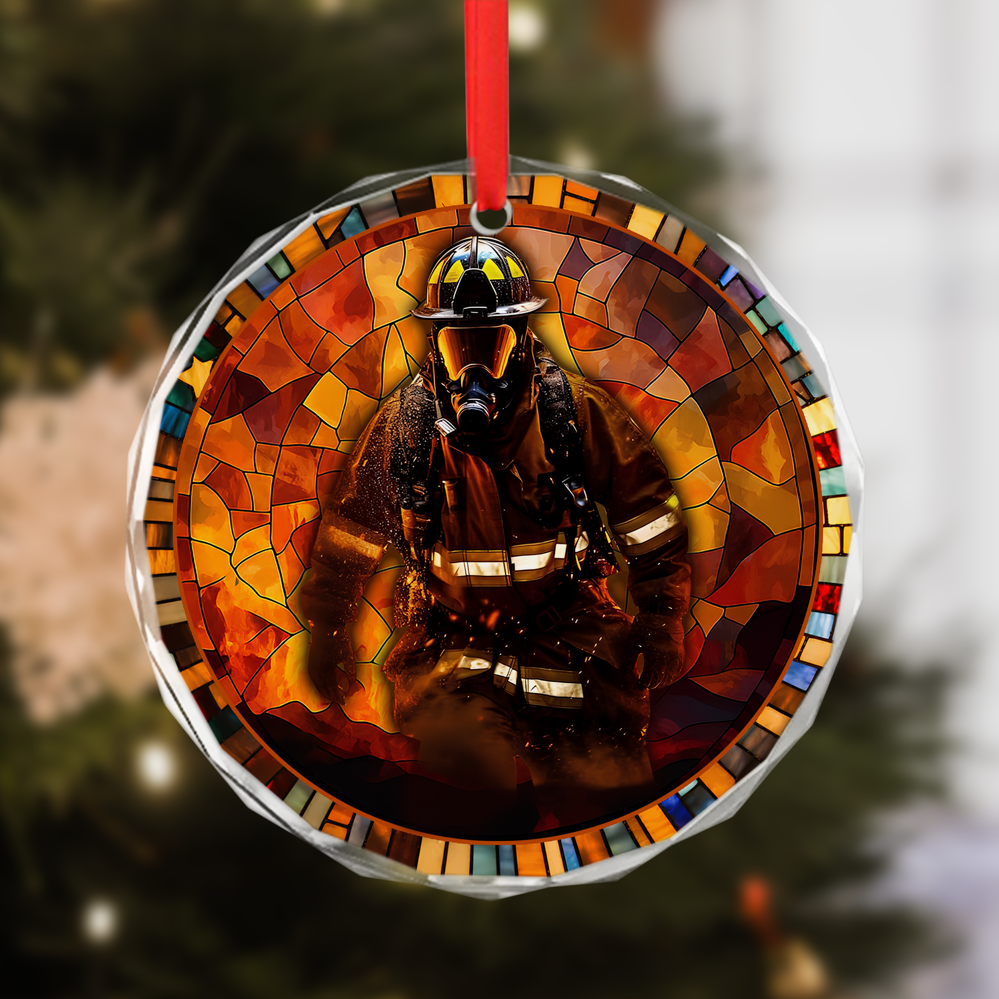 Firefighter Hero Ornament - In Action Stained Glass Crystal Glass Christmas