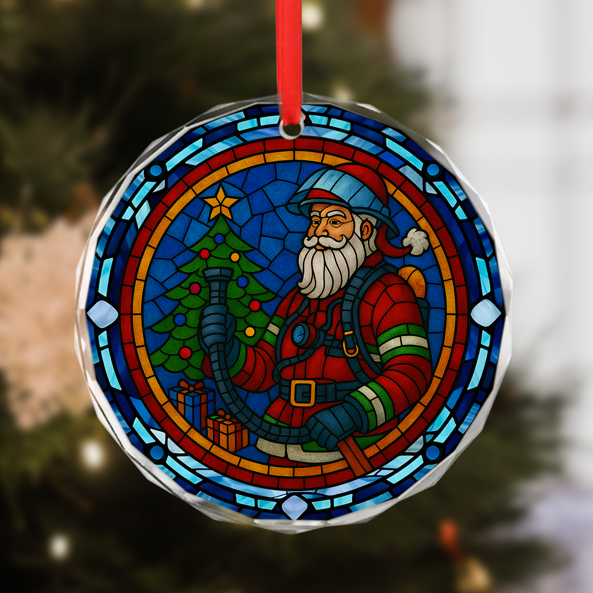 Firefighter Santa Ornament - Crystal Glass Stained Glass Christmas Decoration