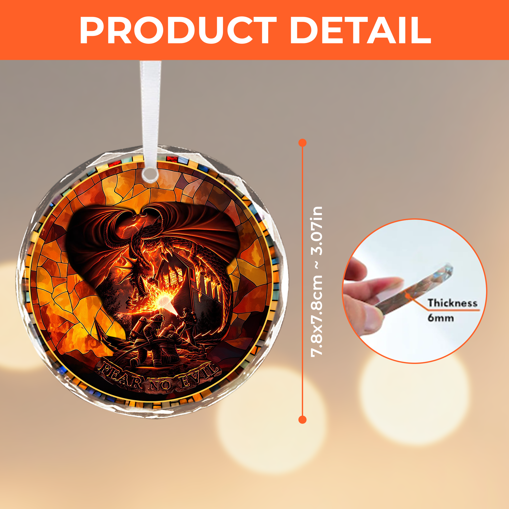 Firefighter Dragon Christmas Ornament - Fear No Evil Crystal Prism Glass Circle