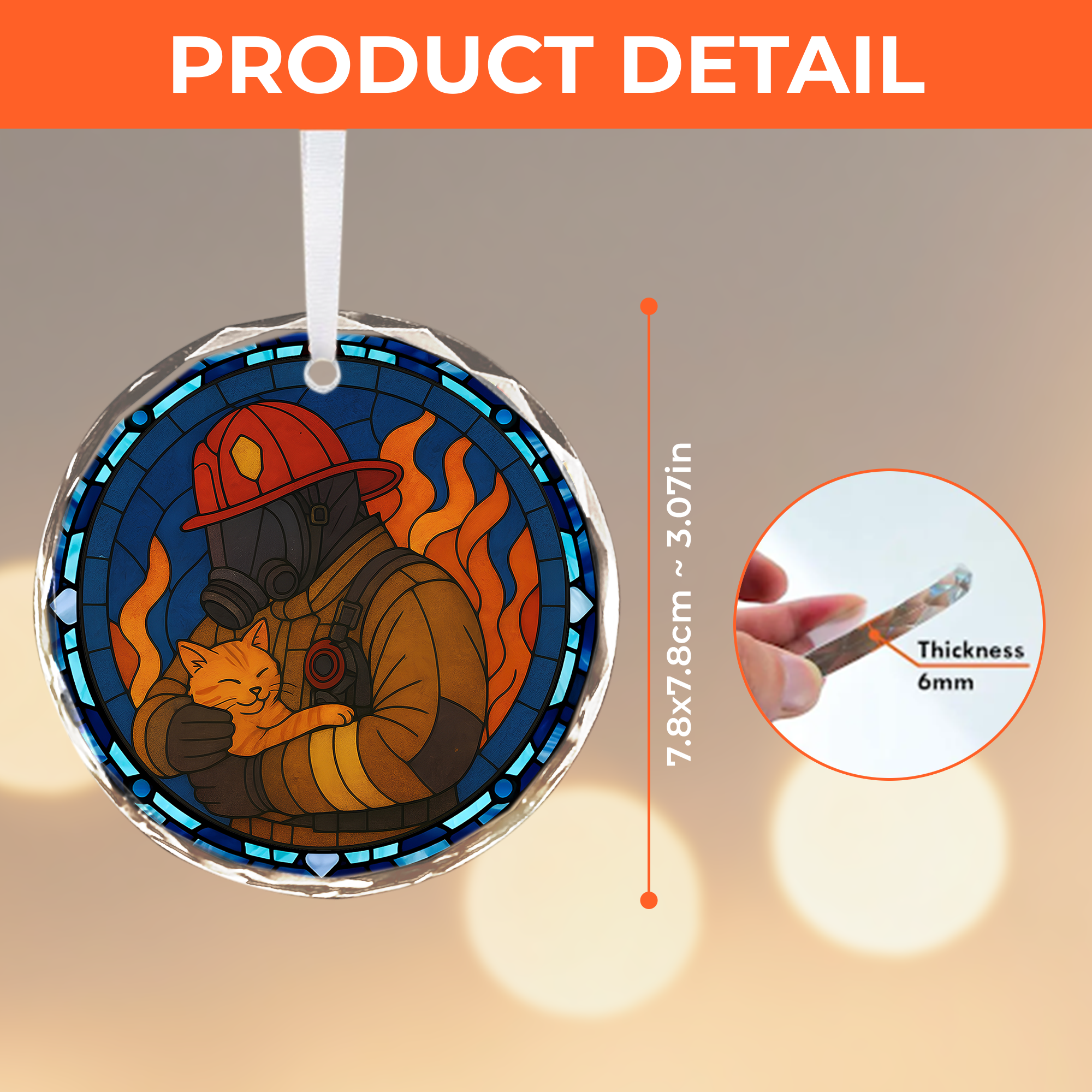 Ornement de sauvetage de chat pompier - Décoration en verre cristal vitrail