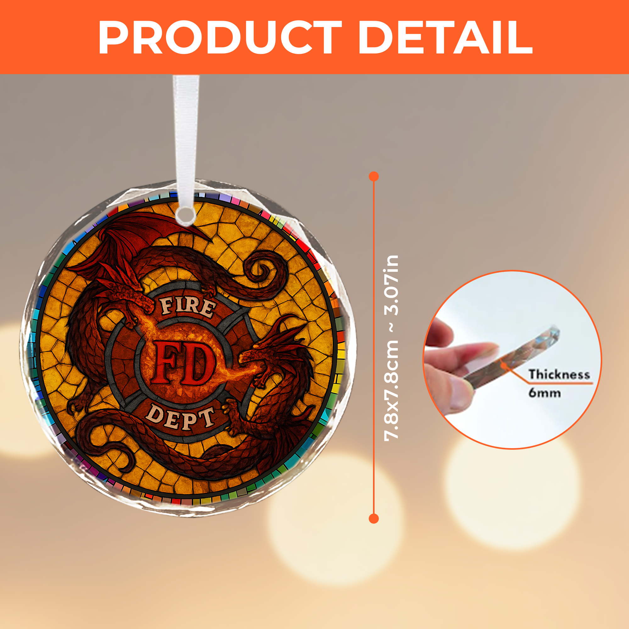 Fire Department Dragon Ornament - FD Maltese Cross Crystal Glass