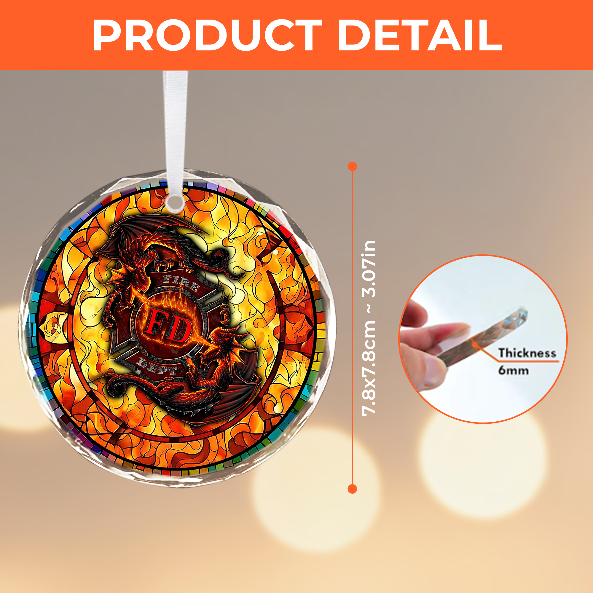 Ornement de Noël Dragon des pompiers - Croix de Malte des pompiers, prisme en cristal, Noël