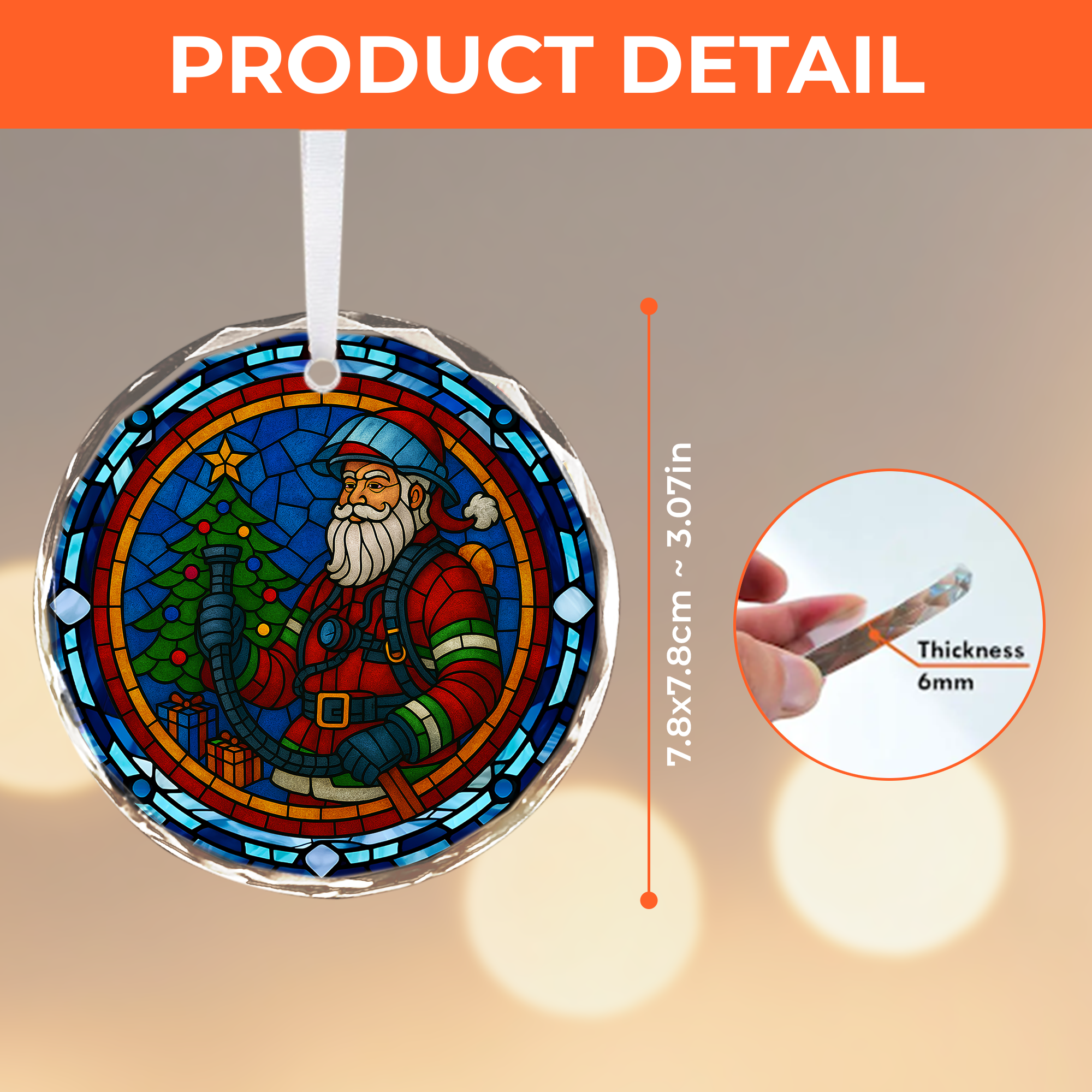 Firefighter Santa Ornament - Crystal Glass Stained Glass Christmas Decoration
