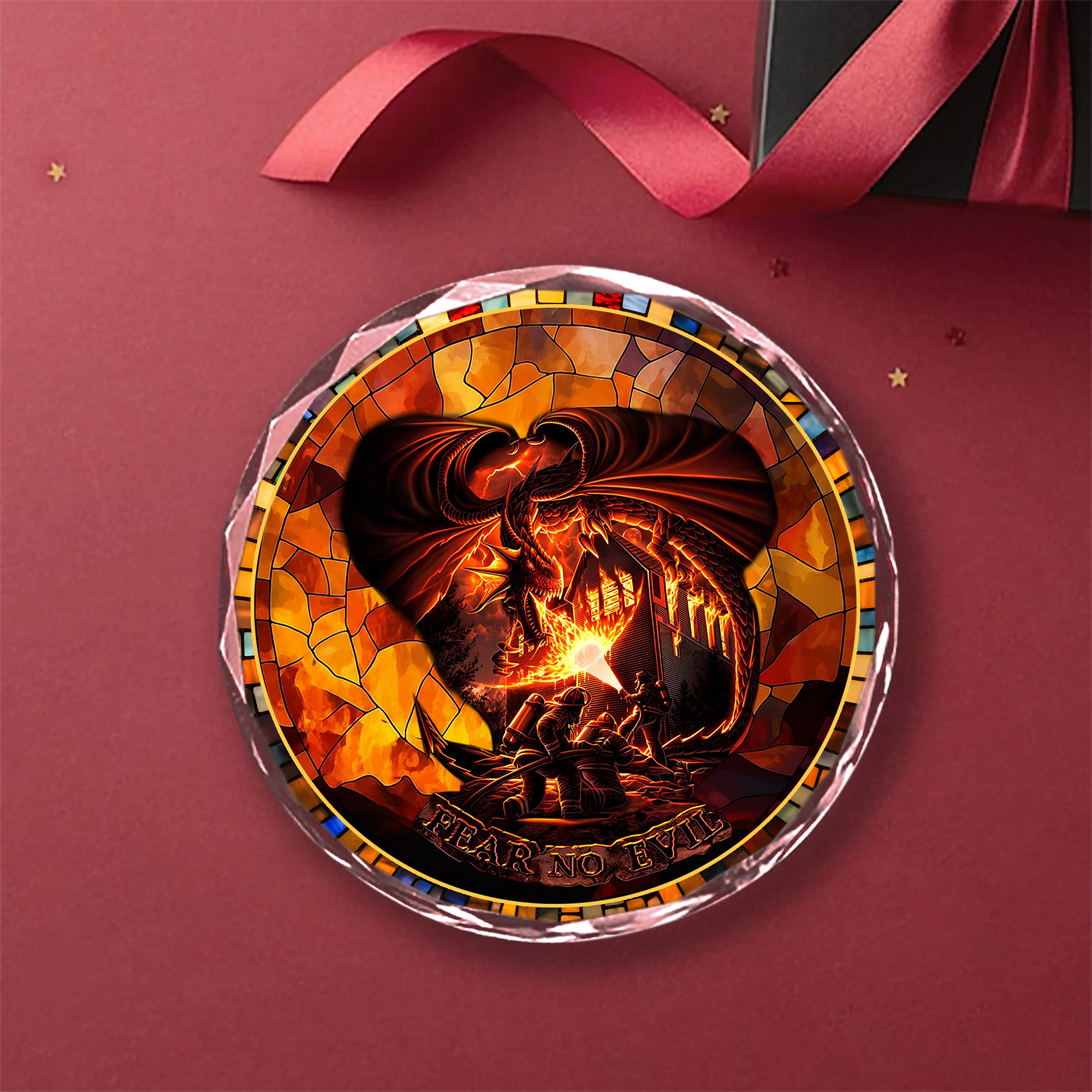 Firefighter Dragon Christmas Ornament - Fear No Evil Crystal Prism Glass Circle