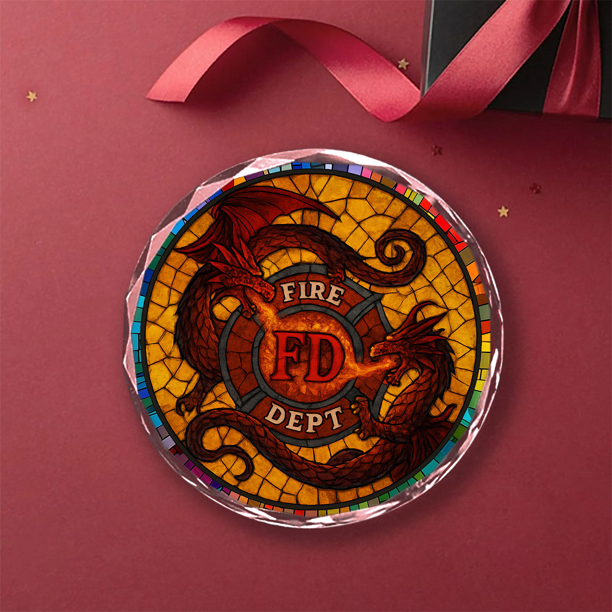 Fire Department Dragon Ornament - FD Maltese Cross Crystal Glass