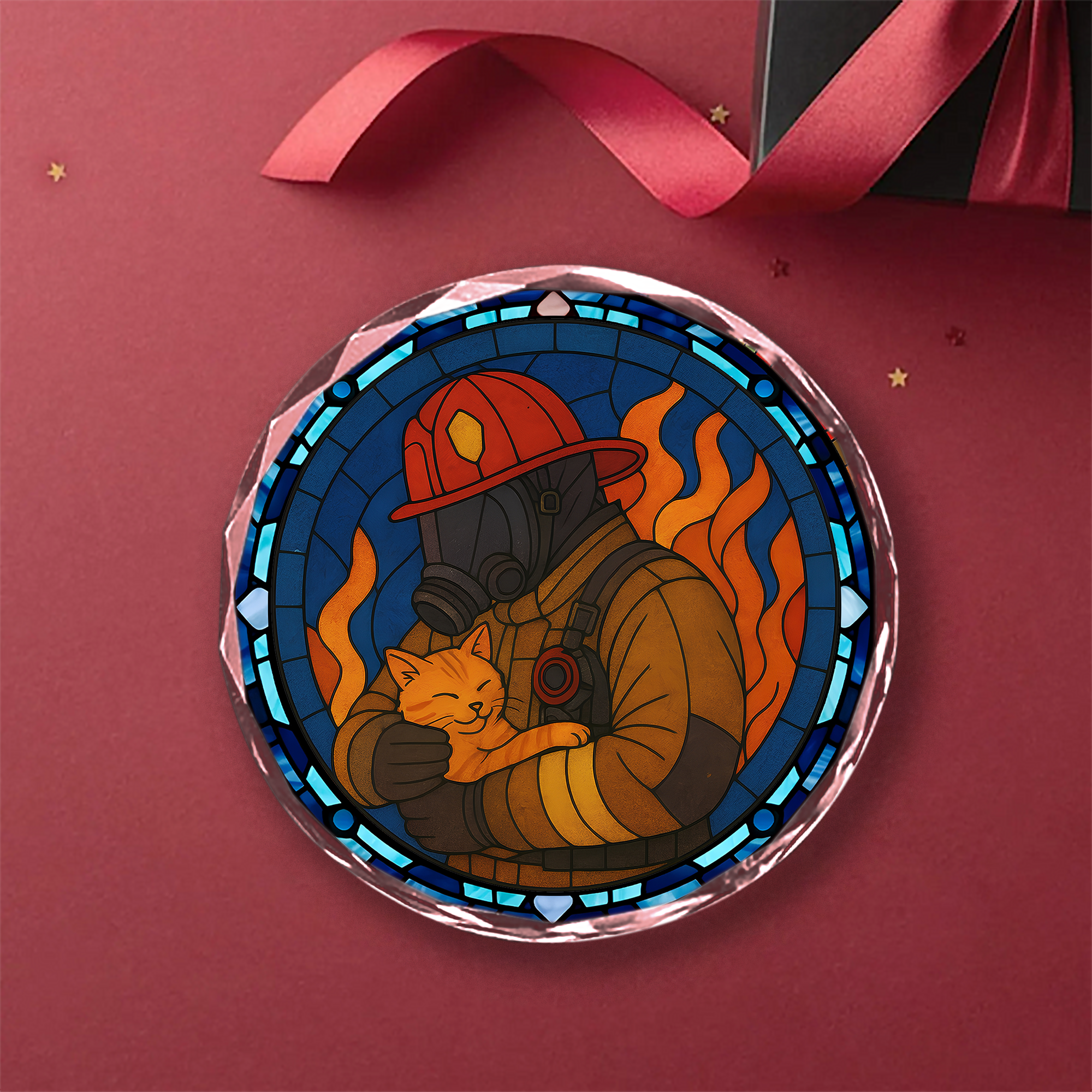 Ornement de sauvetage de chat pompier - Décoration en verre cristal vitrail