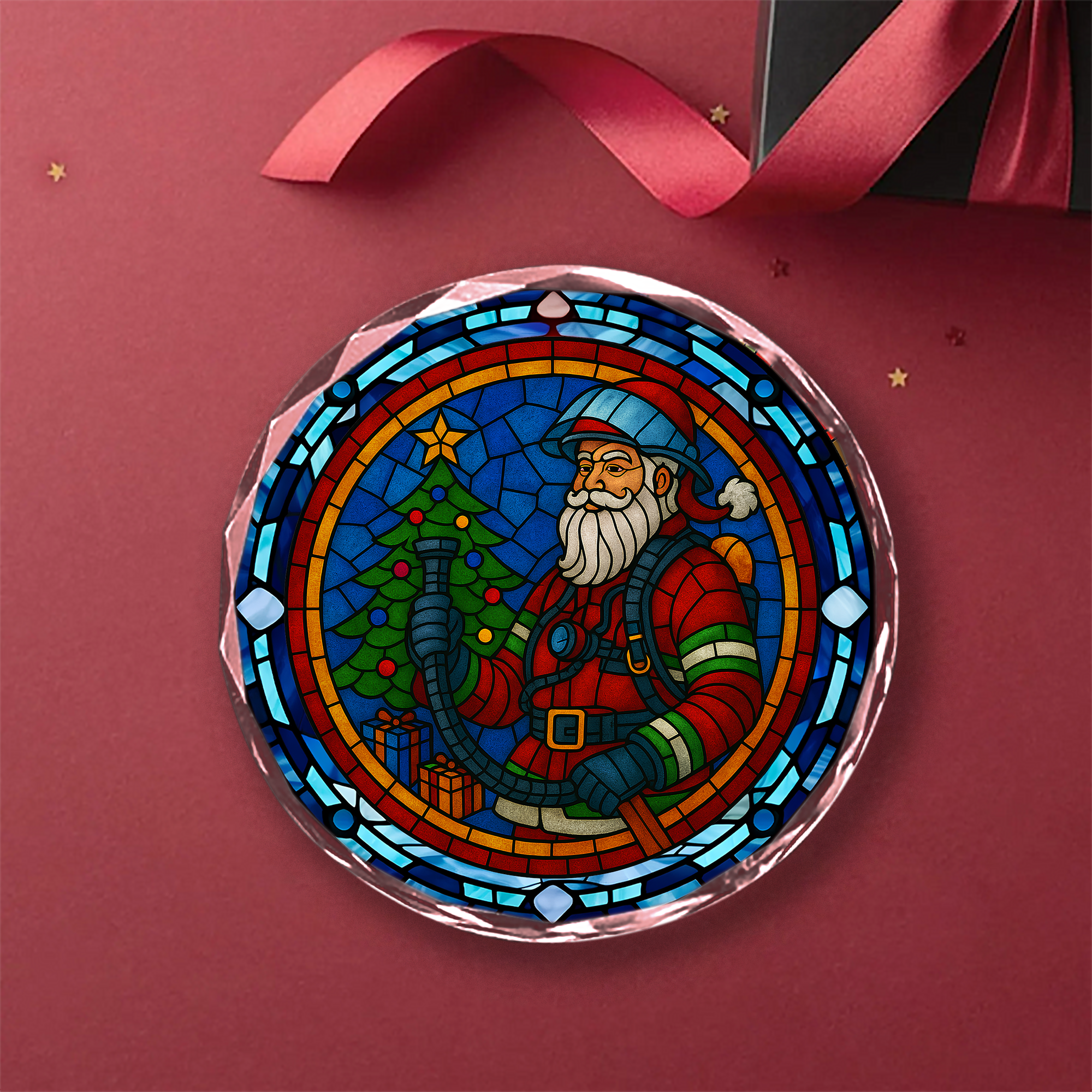 Firefighter Santa Ornament - Crystal Glass Stained Glass Christmas Decoration