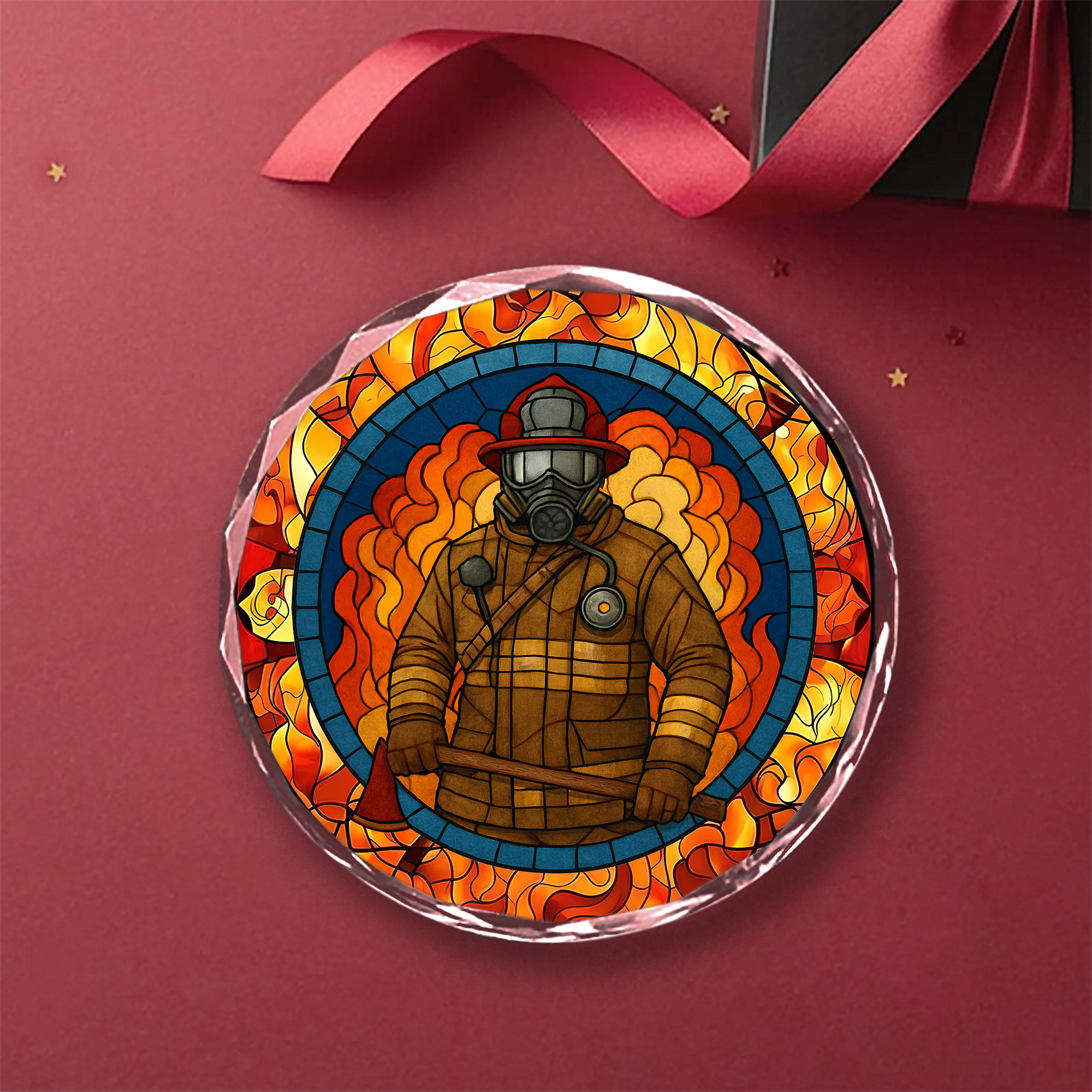 Firefighter Through the Flames Ornament - Crystal Glass Stained Glass Decor